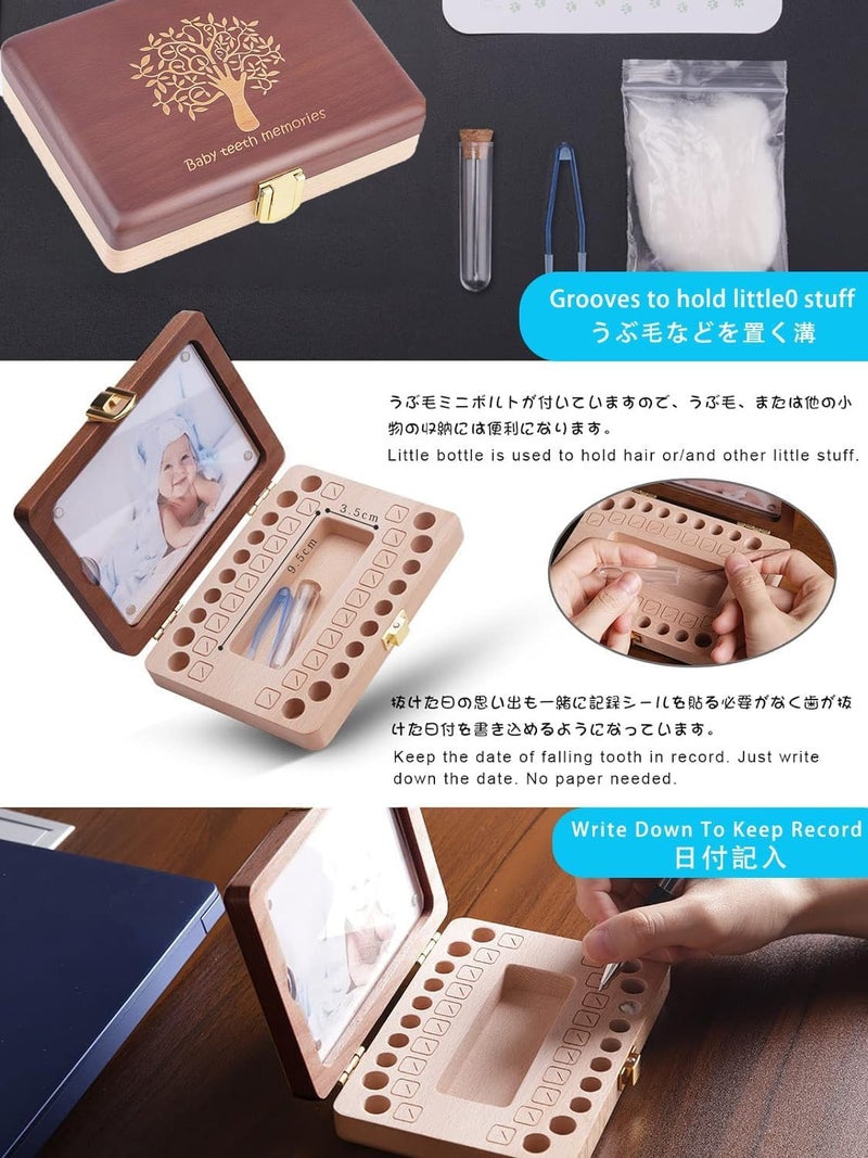 Yukidoke صندوق تذكار أسنان الأطفال صندوق الأسنان الخيالي صندوق خشبي مصنوع يدويًا لتخزين الأسنان مع إطار صور ملصقات مناسب للأولاد والبنات أول سن وذاكرة تجعيد الشعر - Image 5